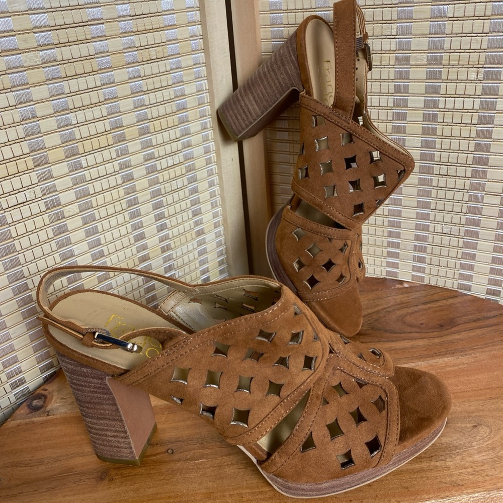 🔶Franco Sarto Brown Rustic Laser Cut Caged Sling Back Sandals Size 8.5